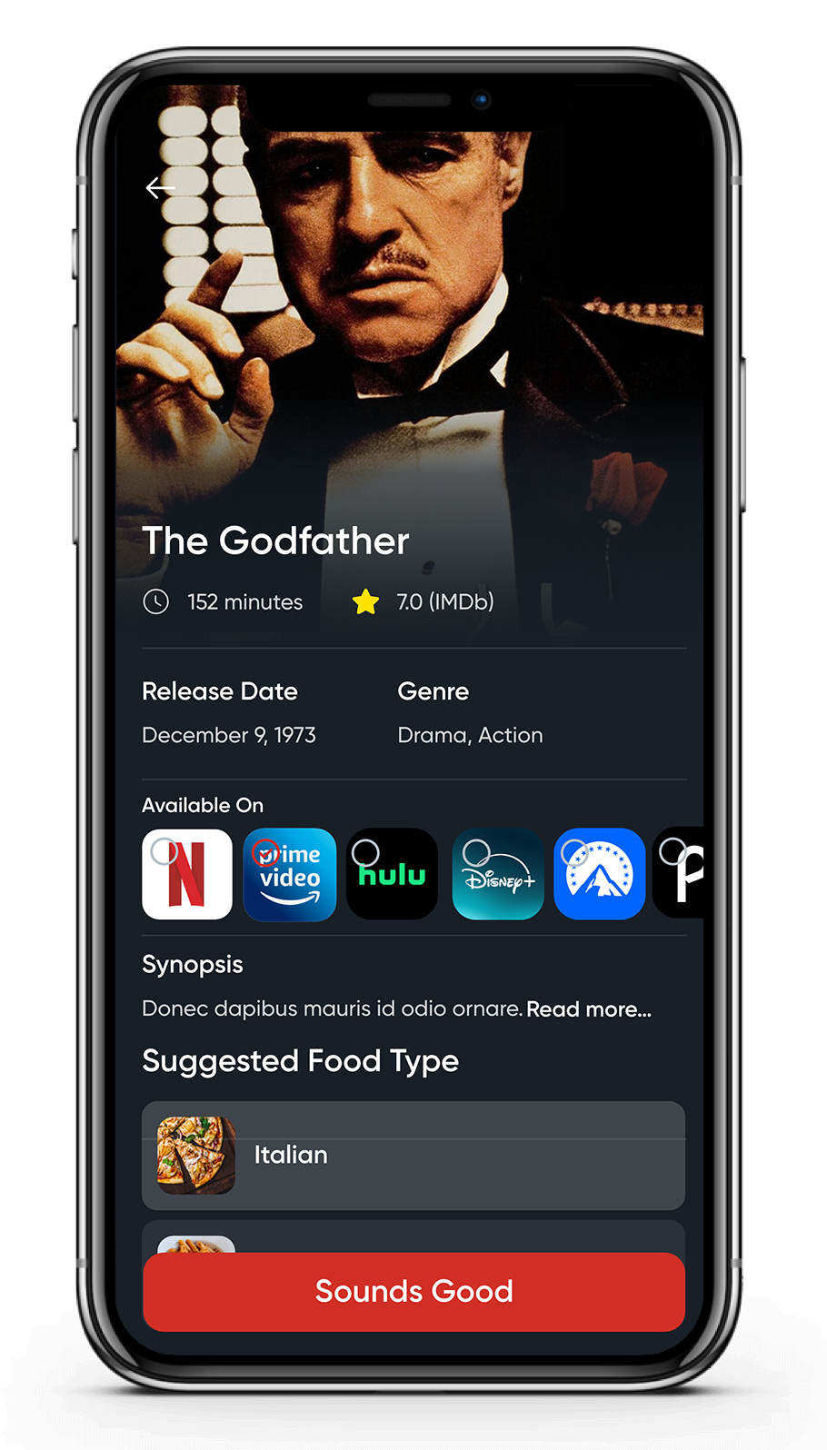 Movie with available services and food suggestions
